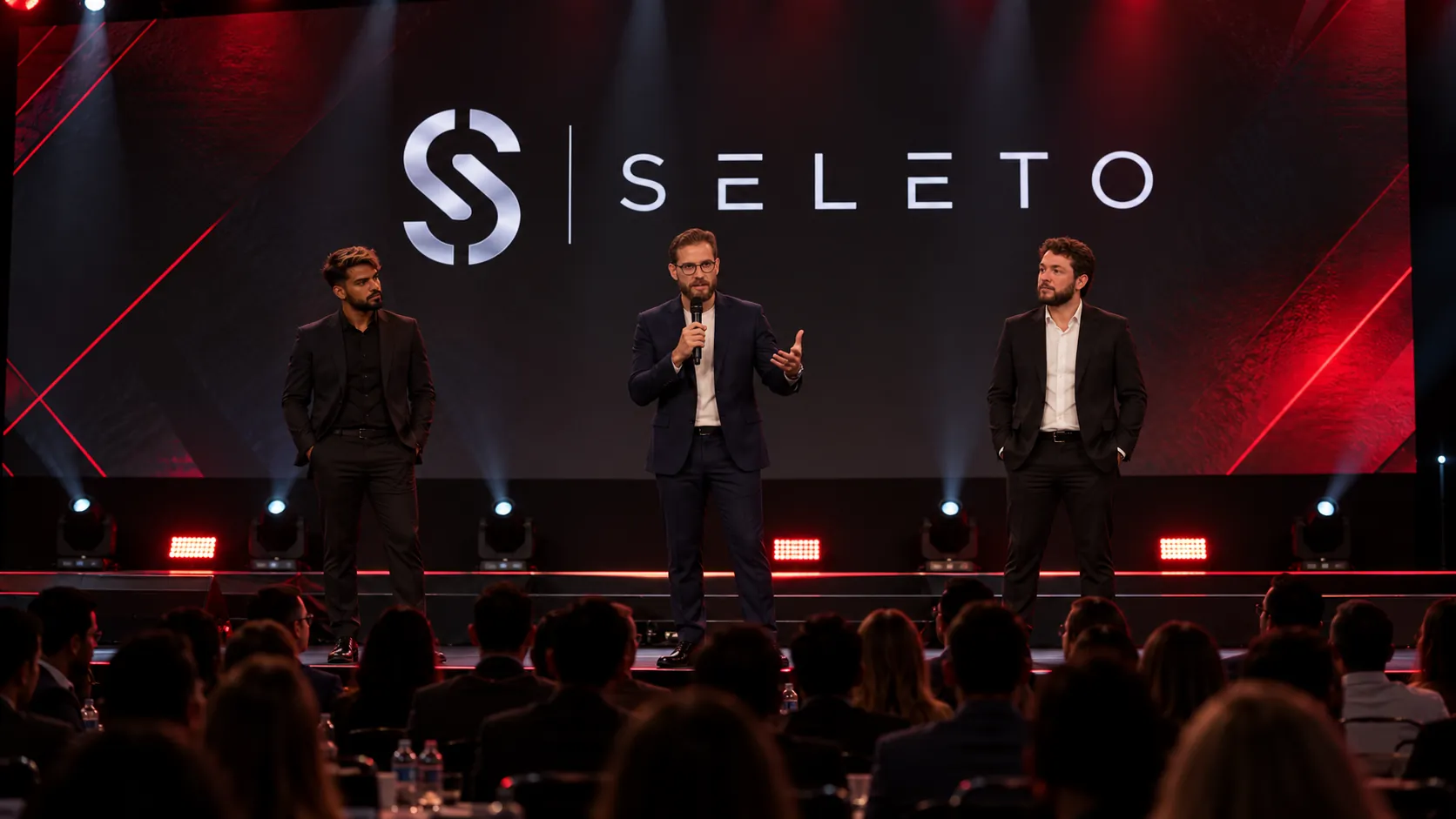 Mentores da Seleto no palco de um evento, com a logo da Seleto no telão